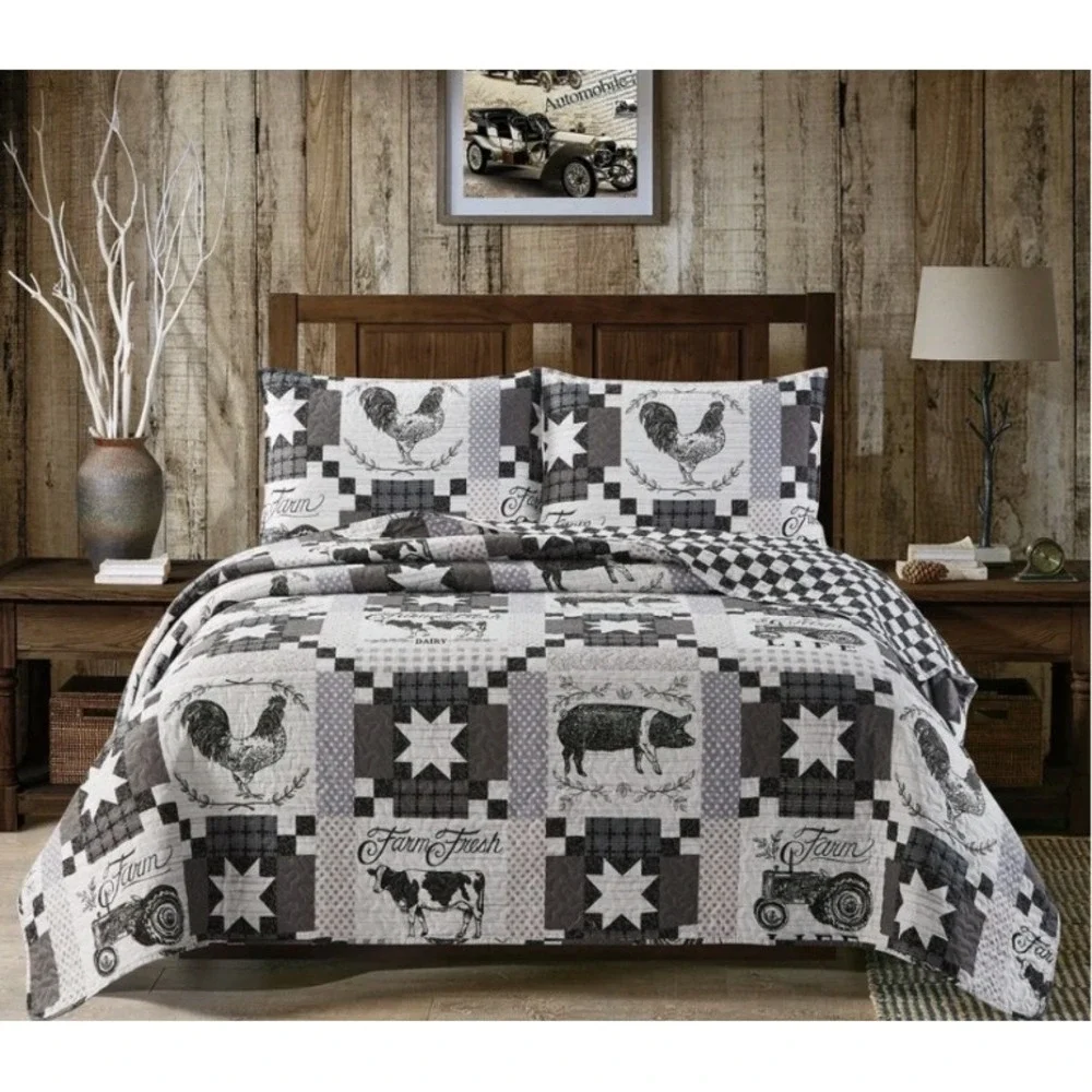 Virah Bella Quilt Set Full Queen Grey White NEW Farm Life Patchwork DQ10055FQ